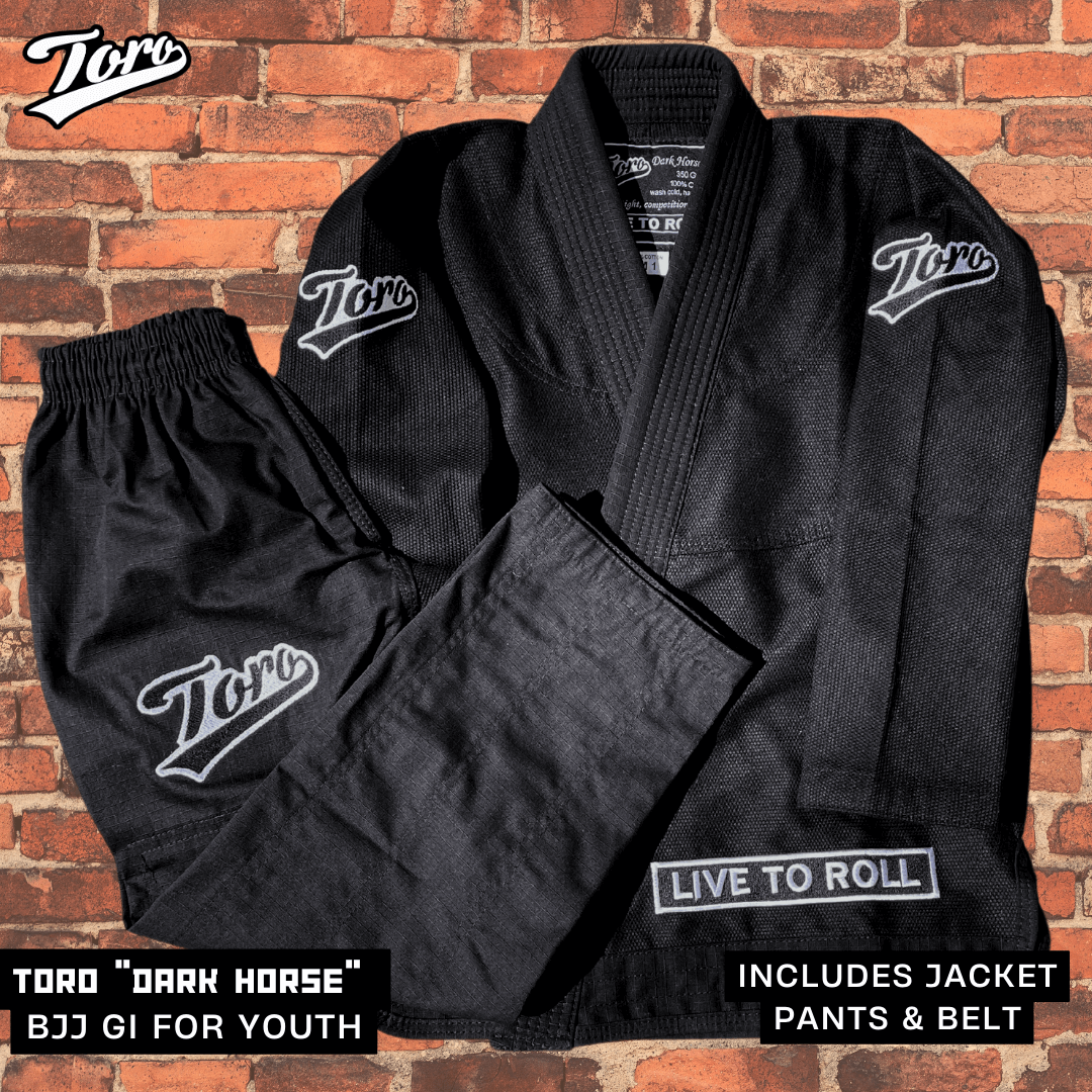 Toro Dark Horse youth jiu jitsu gi in black 380gsm IBJJF legal with jacket, pants, and belt set