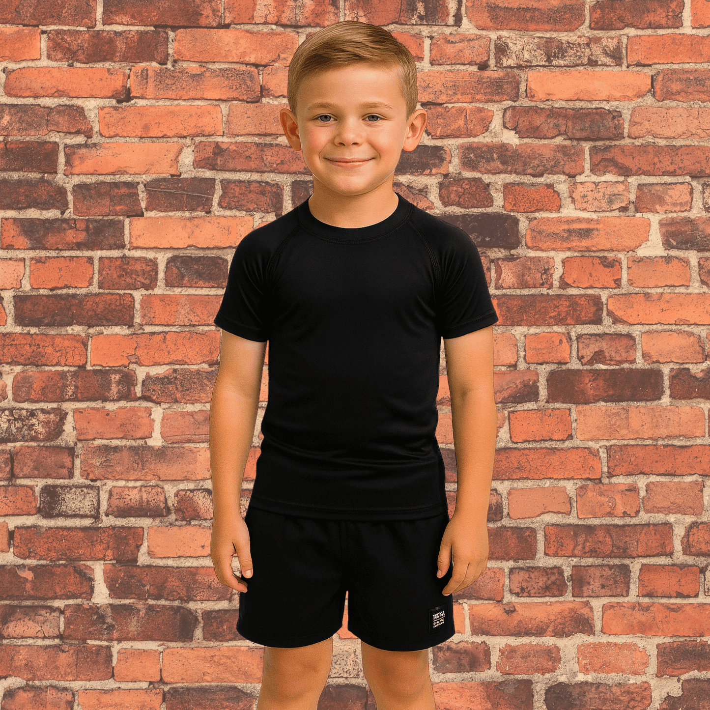 Young athlete wearing Toro Youth Black Label All Black BJJ Rash Guard and matching black label shorts standing against brick wall background