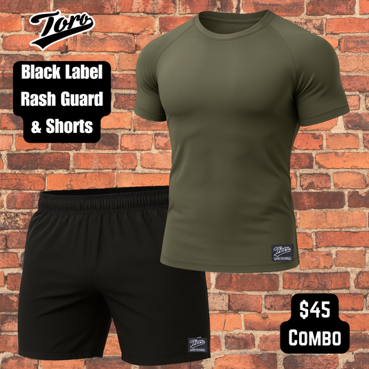 Olive Drab Short Sleeve Rash Guard & Black Label Shorts Combo