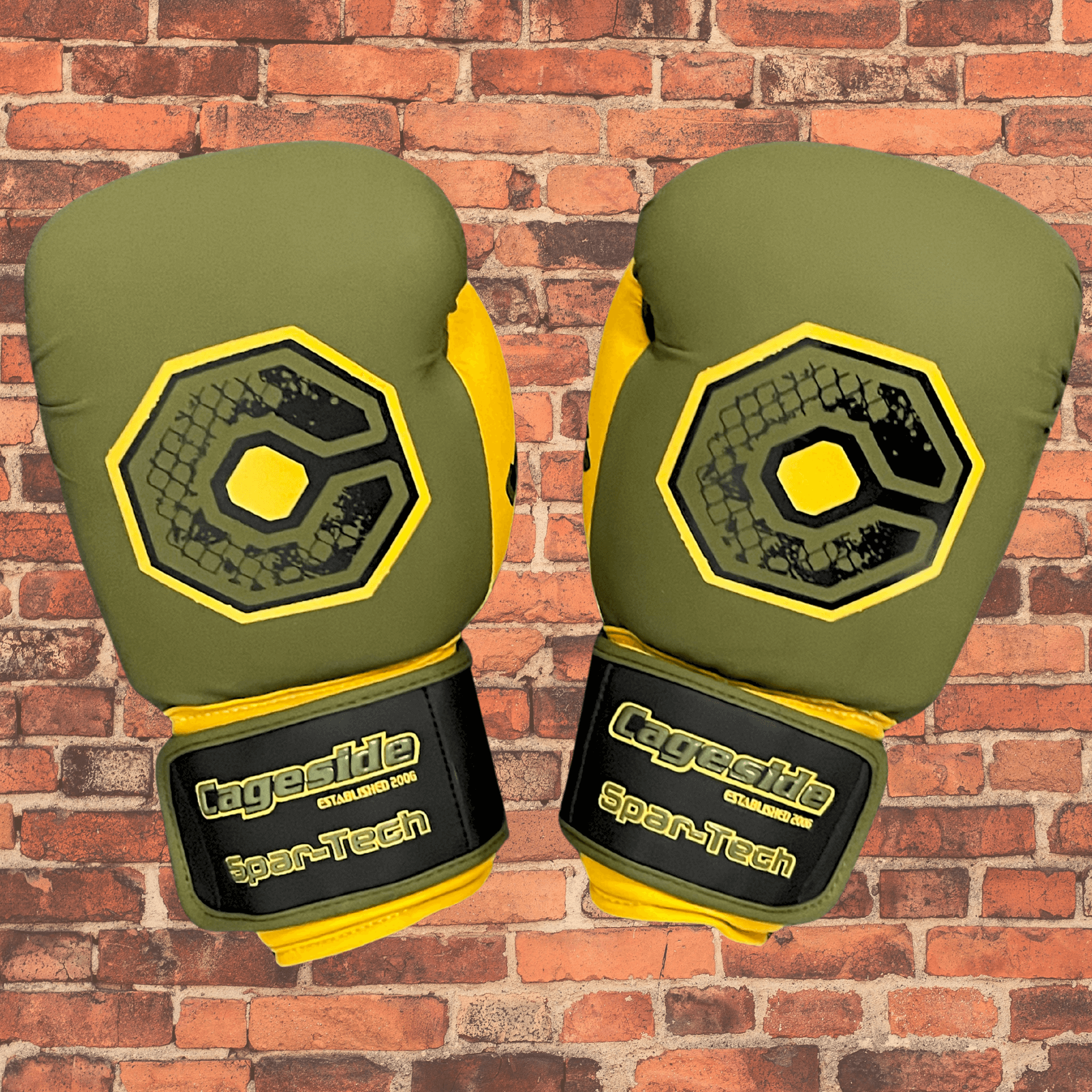 Olive and yellow Spar-Tech AK-47 boxing gloves front view
