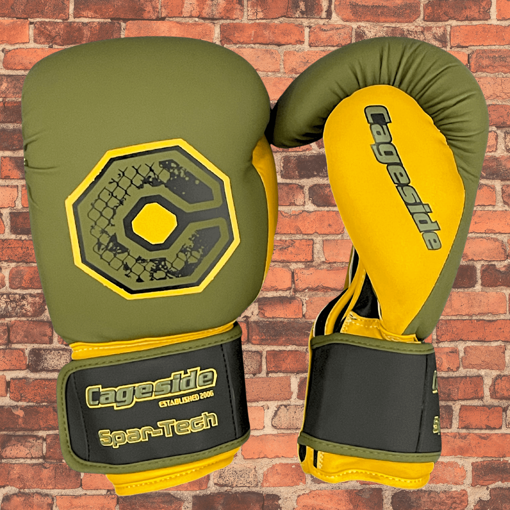 Spar-Tech AK-47 sparring gloves olive and yellow with Cageside logo