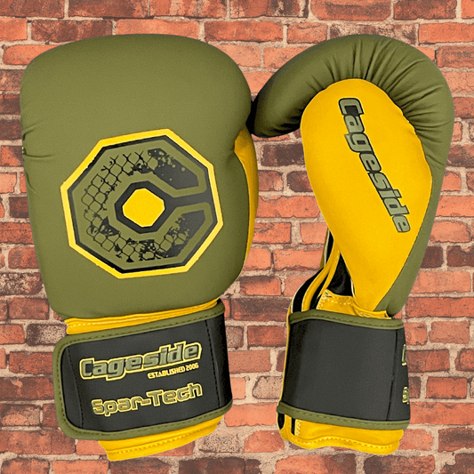 Spar-Tech AK-47 sparring gloves olive and yellow with Cageside logo