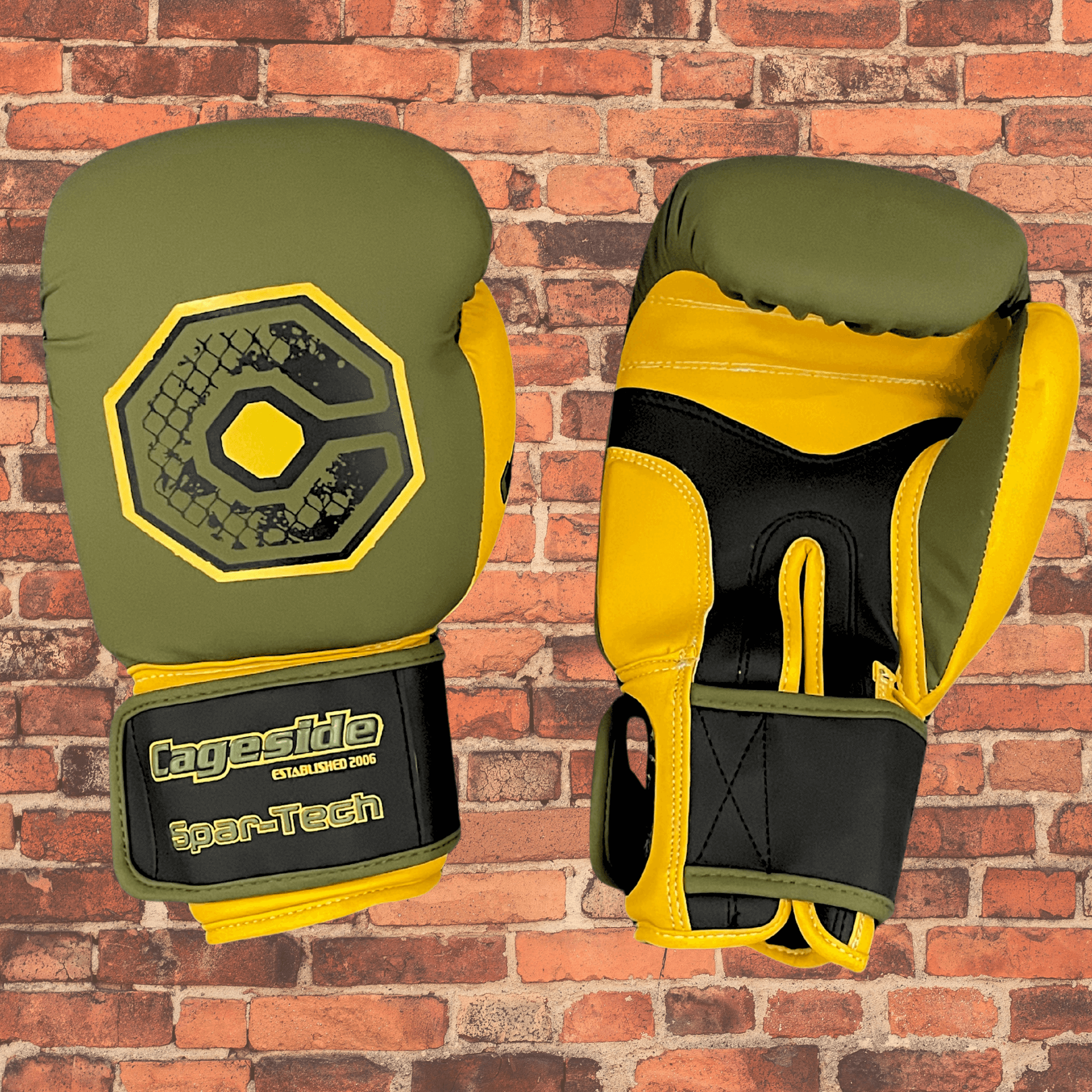 Olive and yellow Spar-Tech AK-47 sparring gloves with secure wrist strap