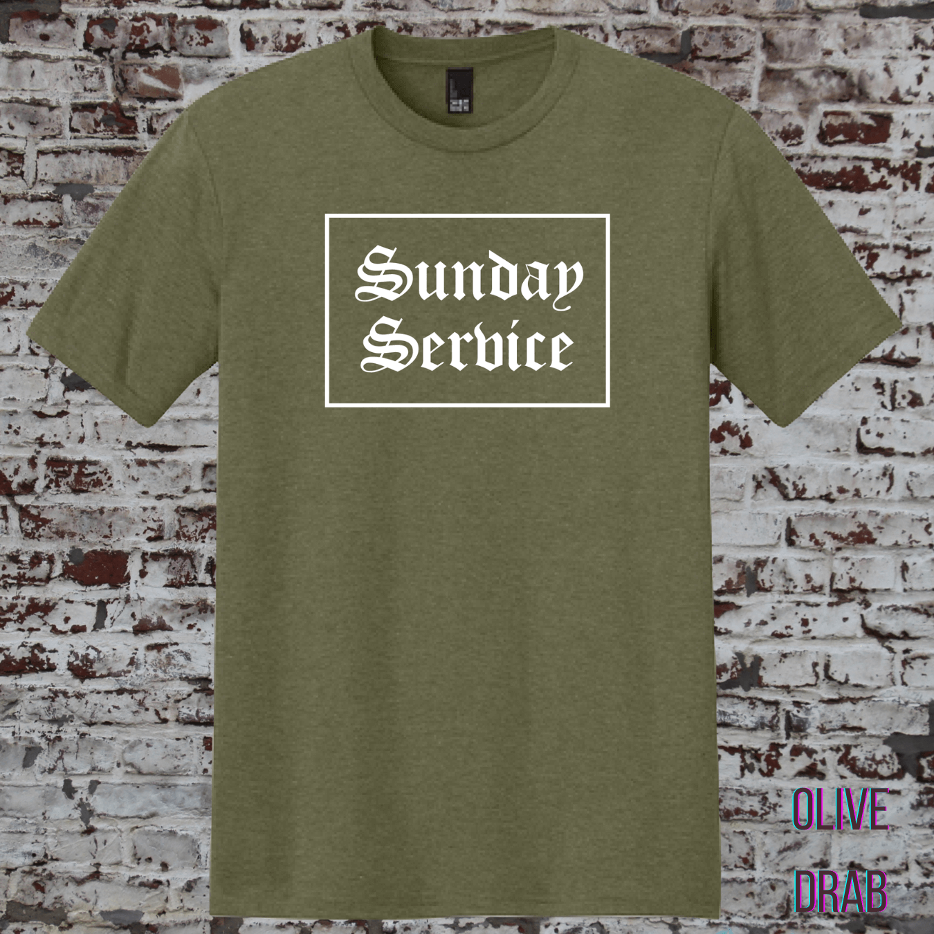 Sunday Service t shirt in olive drab color featuring front graphic print