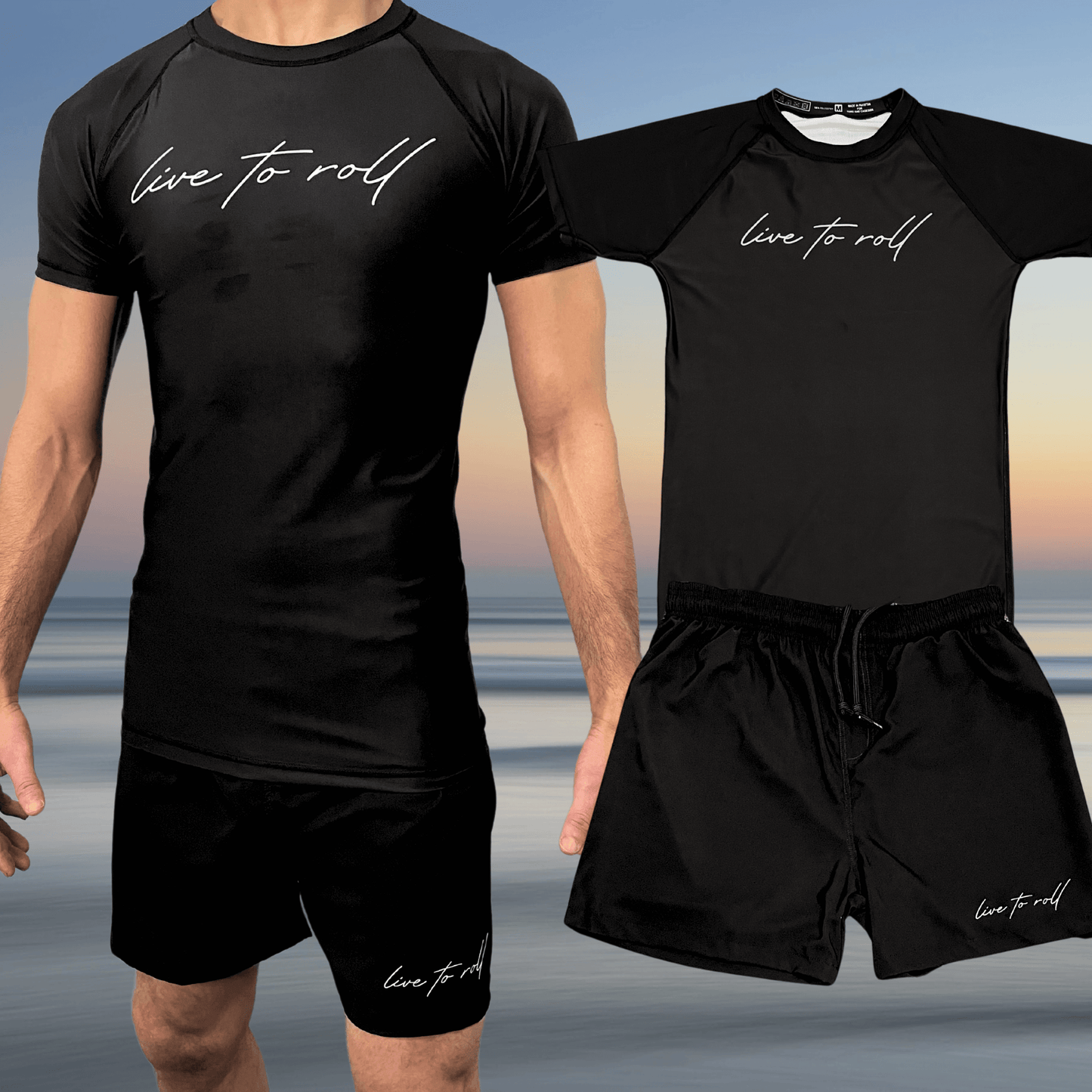 Toro BJJ Live To Roll NoGi kit featuring a black short-sleeve rash guard and matching black shorts with white script text logo on both top and bottom.