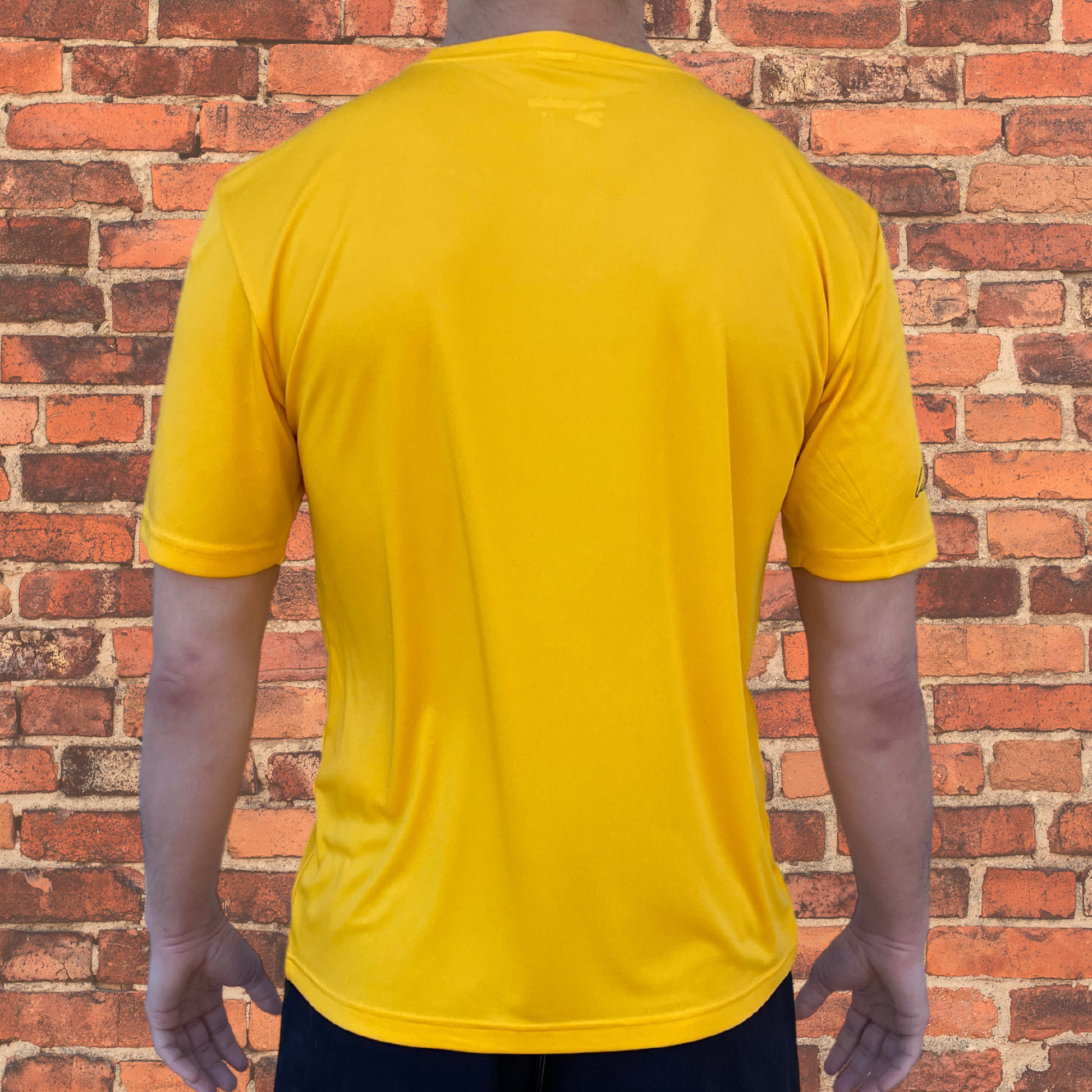 Back view of Toro BJJ Loose Fit Rash Guard in gold, plain back with subtle logo on neckline, short sleeves, worn by male model.