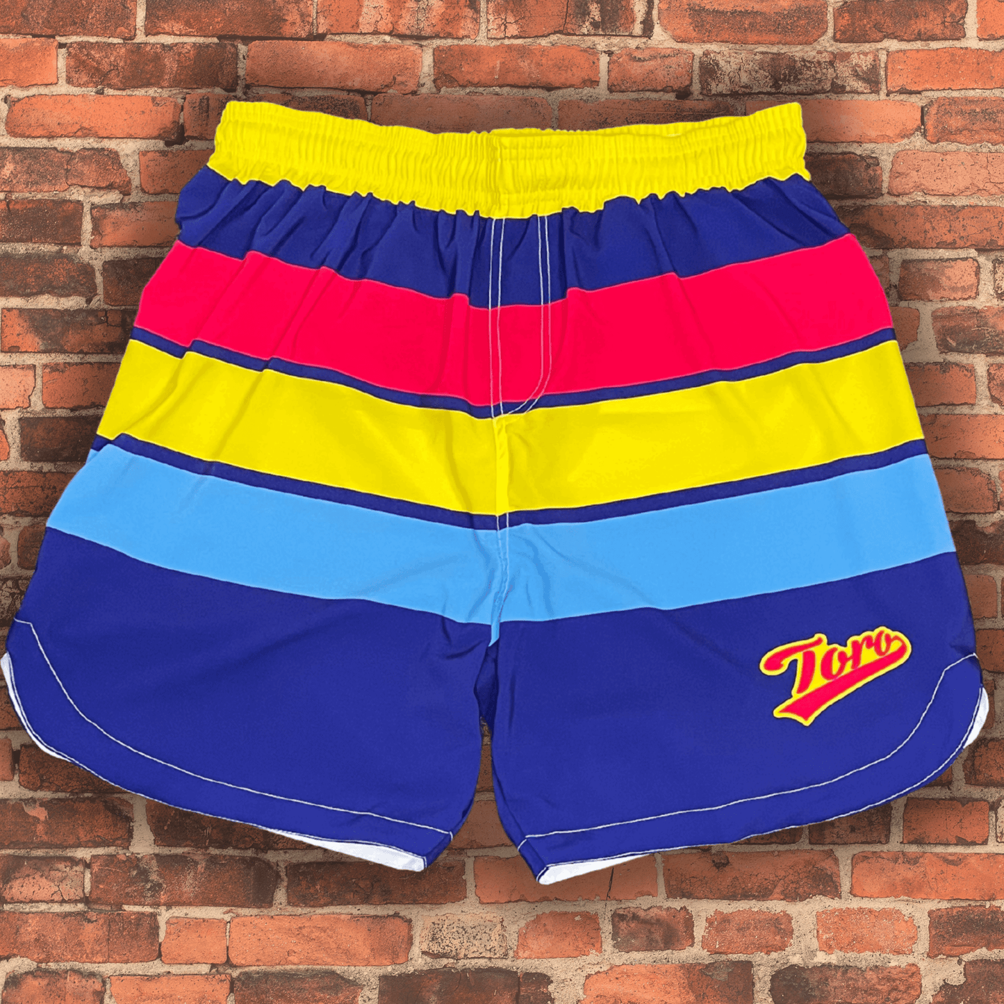 Toro BJJ Summertime Super Shorts with bold red, yellow, blue, and sky-blue stripes and Toro logo on the leg.