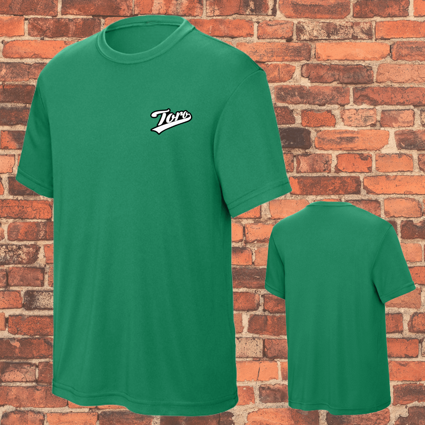 Front and back views of Toro green belt youth BJJ rash guard on brick wall background