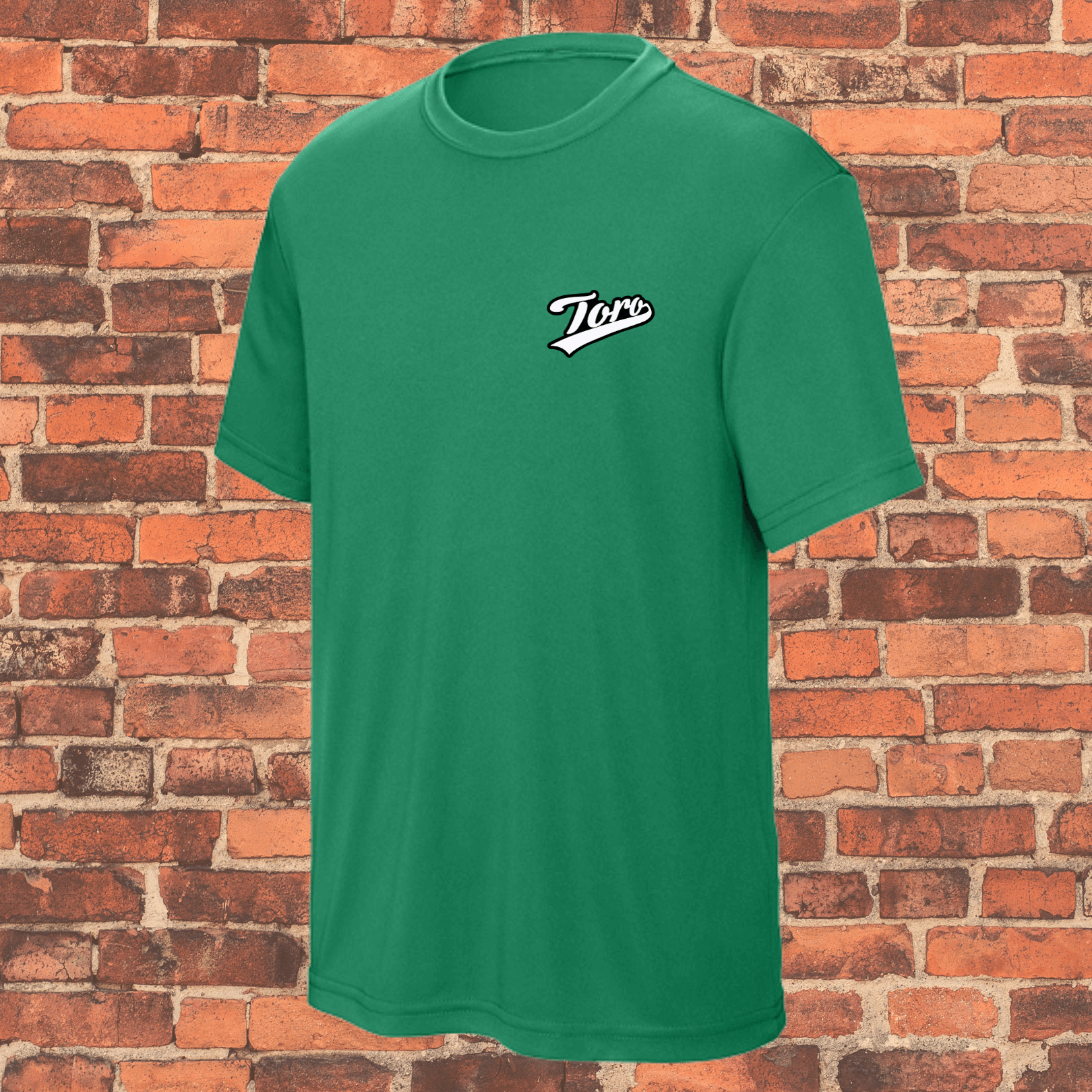 Toro youth green belt loose fit BJJ rash guard on brick wall background