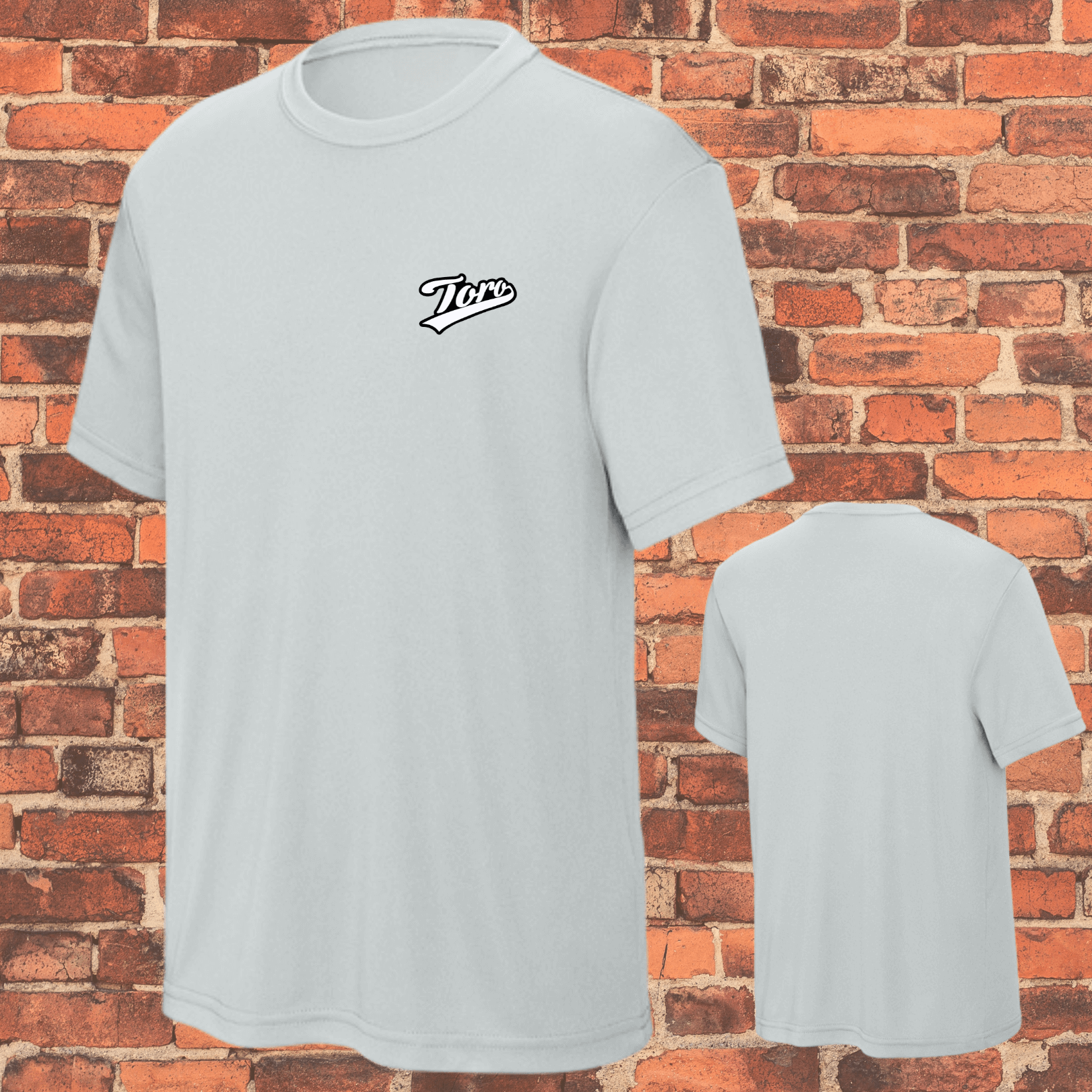 Front and back view of Toro youth grey belt loose fit BJJ rash guard on brick wall background