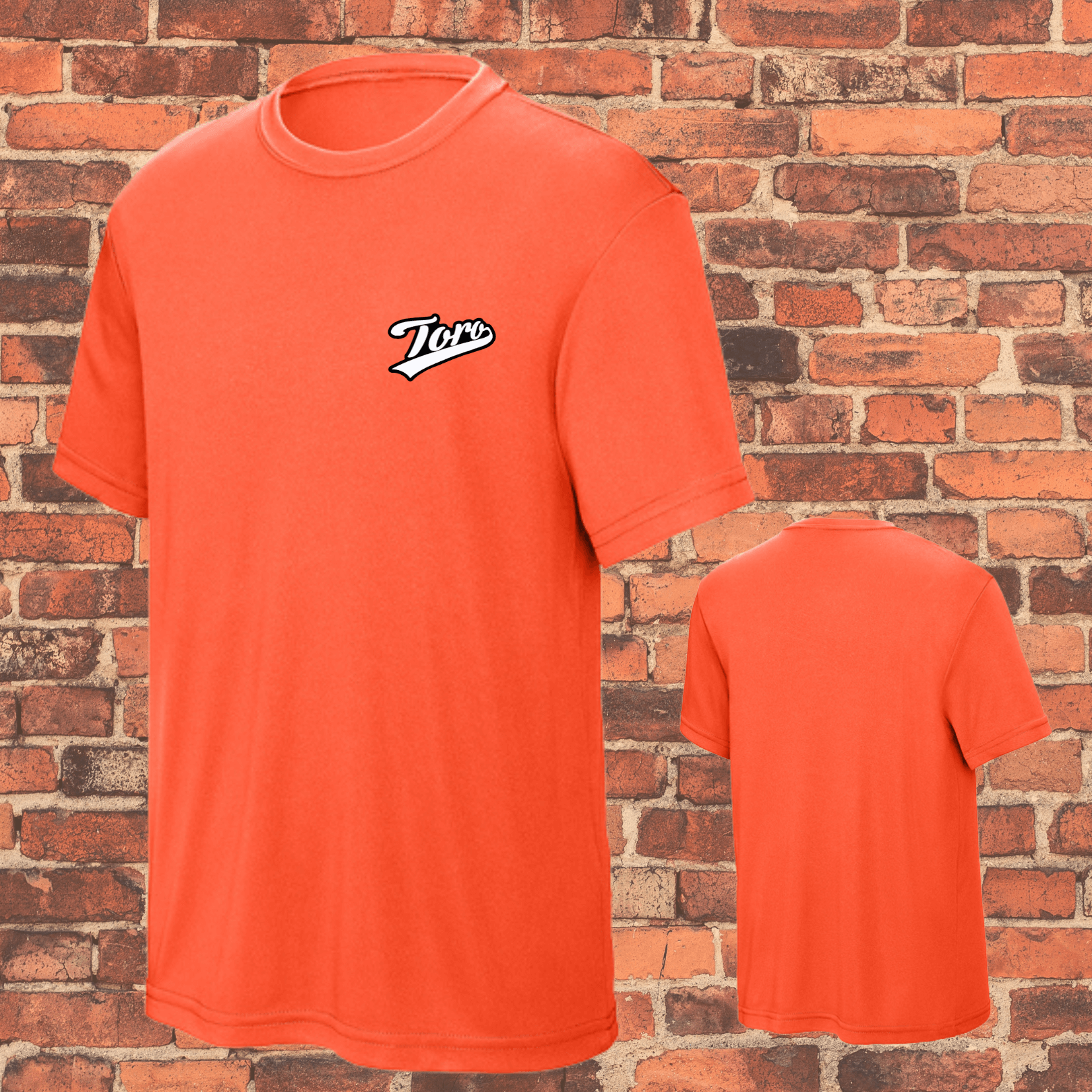 Front and back of orange ranked youth BJJ rash guard with Toro logo, loose fit design for NoGi training or layering under a gi