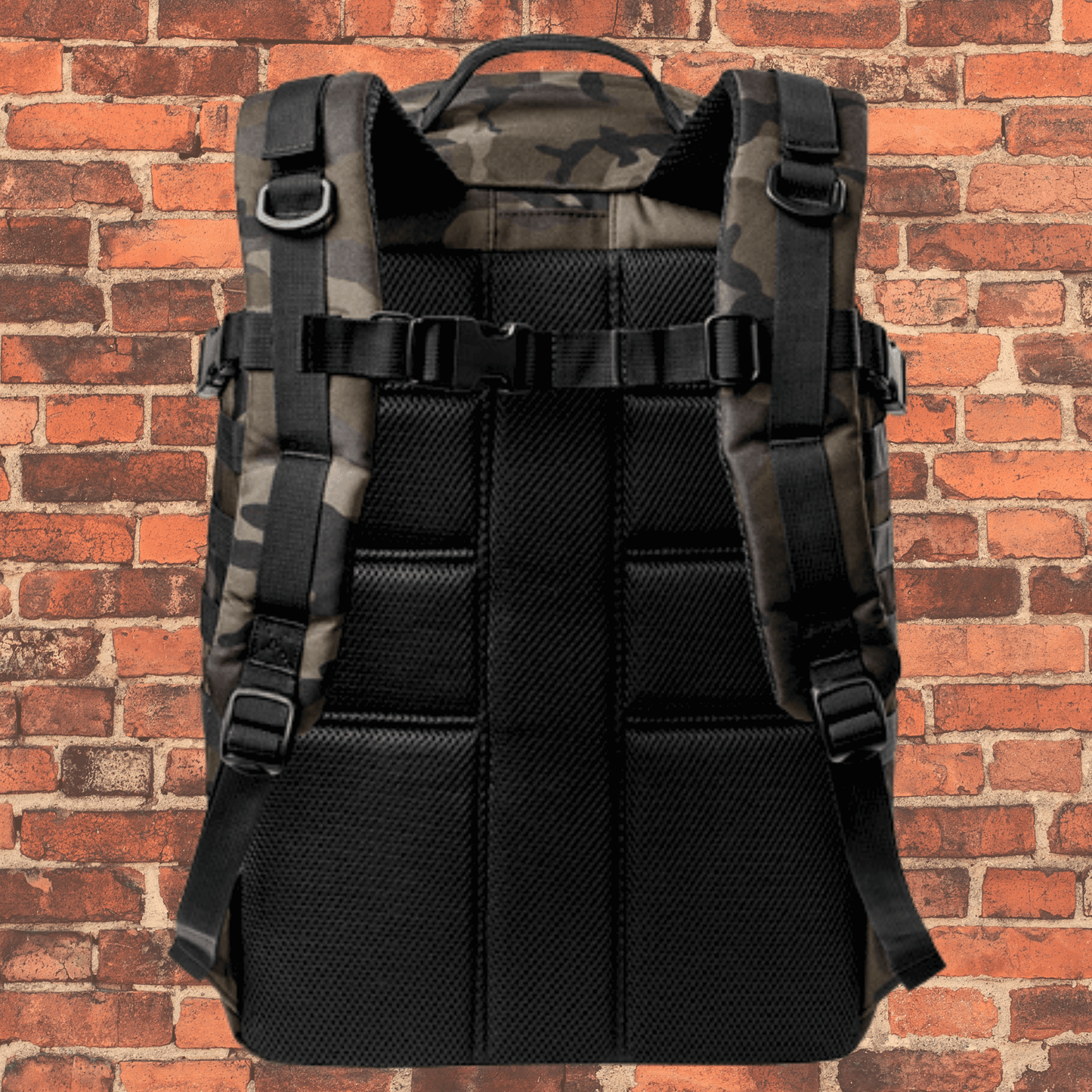 Back panel of Toro Large Tactical Backpack Dark Camo featuring padded mesh straps and sternum support strap.