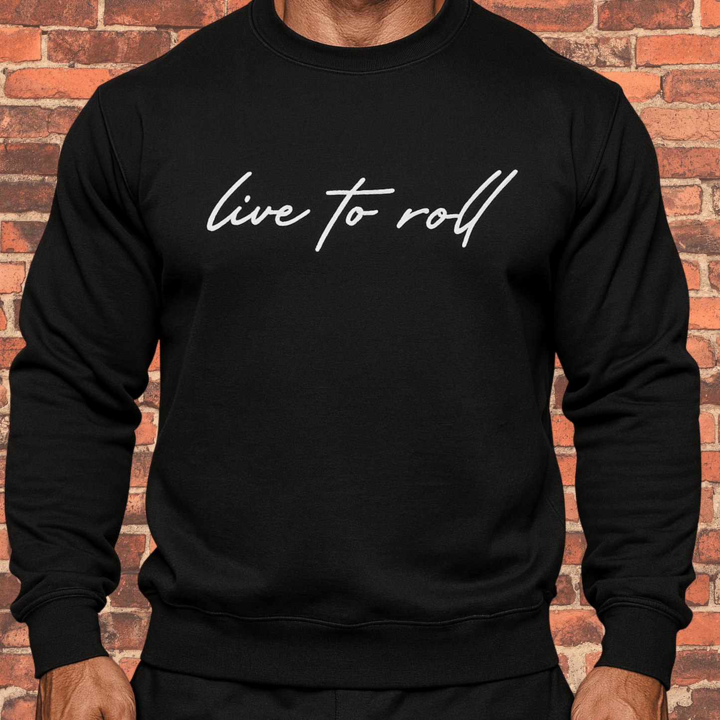 Model wearing Toro “Live To Roll” Crew Neck Sweatshirt black with white script logo