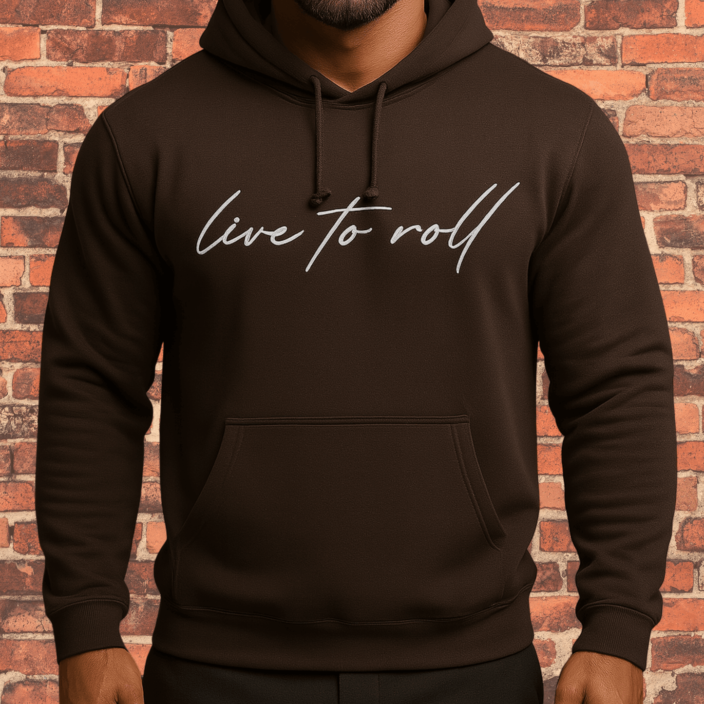 Toro “Live To Roll” Hoodie Brown with white logo front view on model.