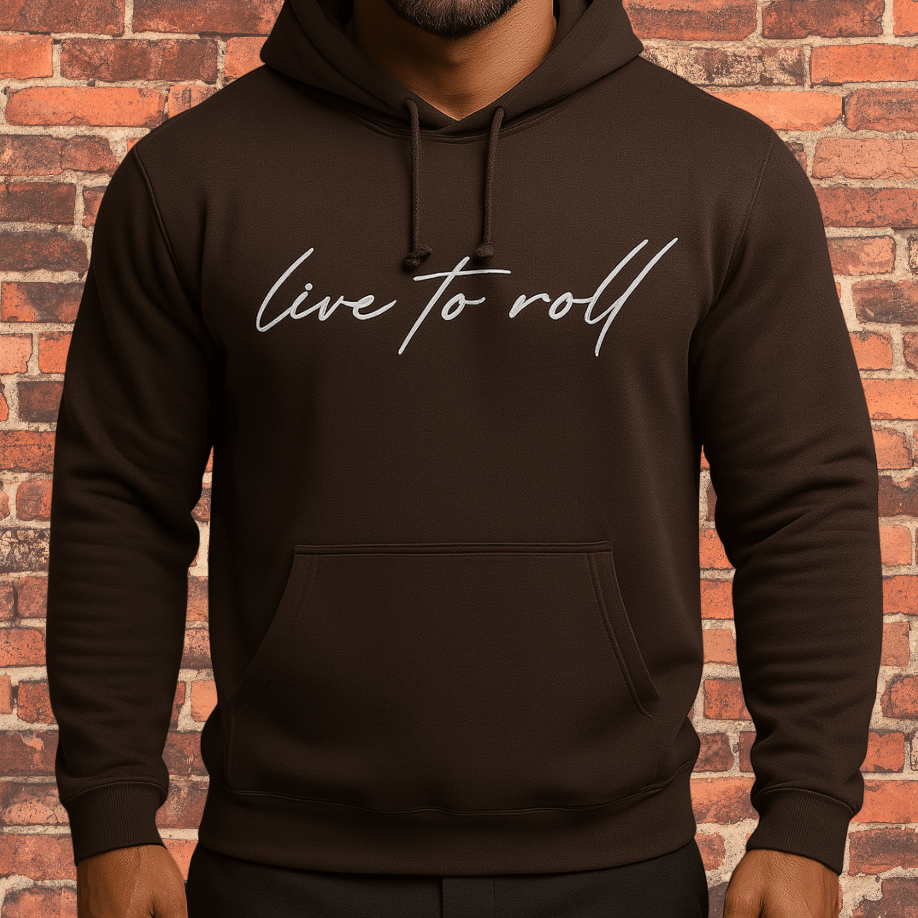 Toro “Live To Roll” Hoodie Brown with white logo front view on model.