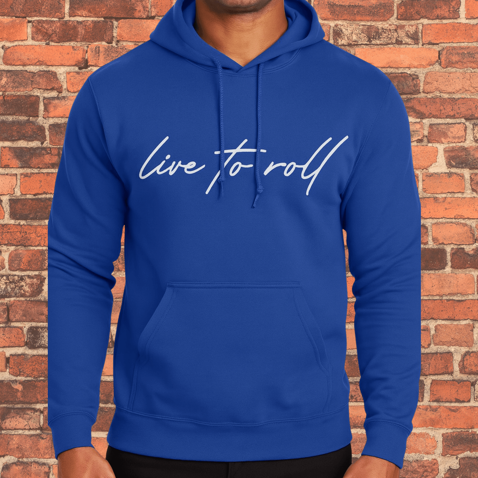 Toro “Live To Roll” Hoodie Royal Blue with white logo front view on model