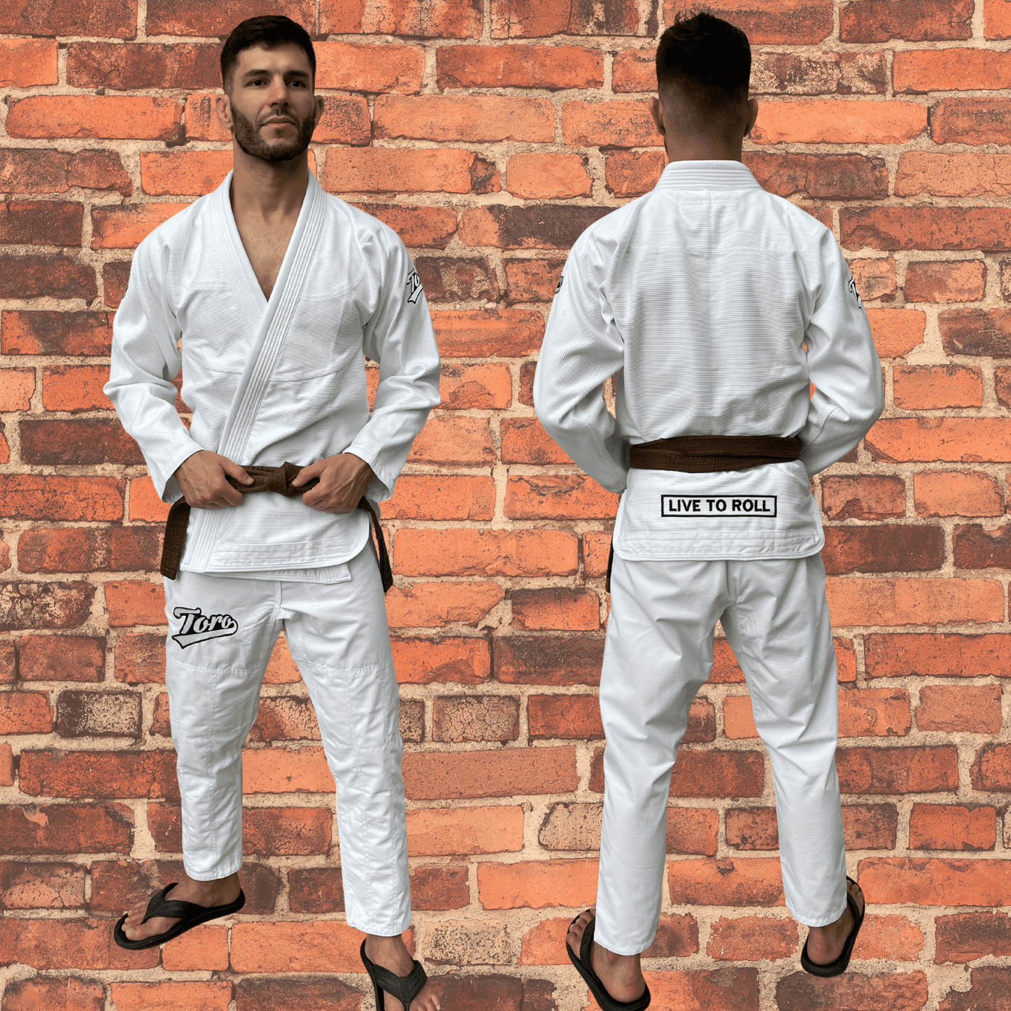 Two views of a male athlete wearing the Toro Primo White BJJ Gi with a brown belt, front and side stance, against a brick wall background, with text highlighting it as 450 gram and competition legal.