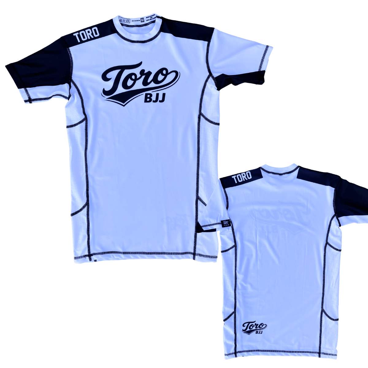 Front and back views of Toro white belt ranked short-sleeve rash guard