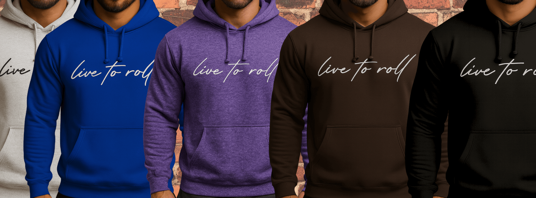 Toro BJJ Live to Roll hoodies in gray, royal blue, heather purple, brown, and black colors against brick wall background.