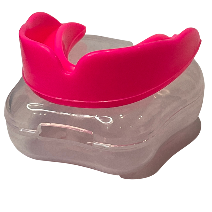 Pink boil and bite mouth guard shown with clear protective case