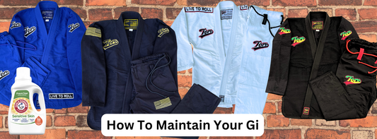 Toro BJJ Gis in blue black white shown with detergent emphasizing proper care for durability featuring Live to Roll and patch designs