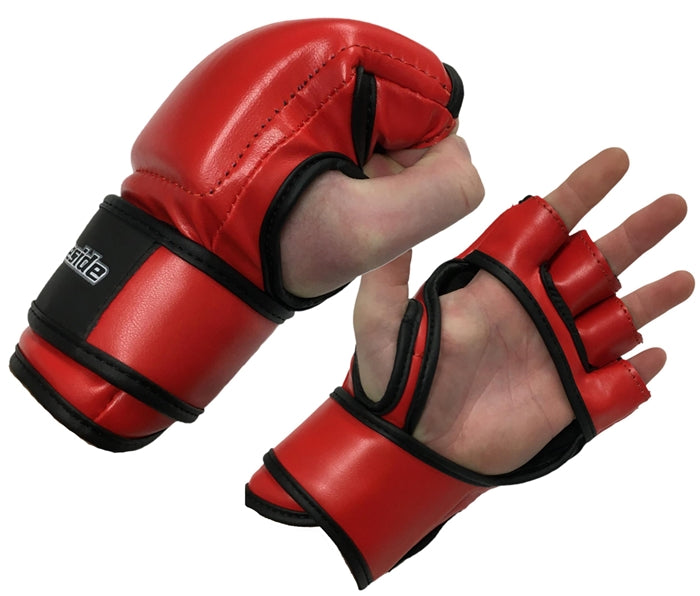 Red Cageside Cage Legal MMA Gloves have an open-finger design, durable leather, and secure wrist straps.