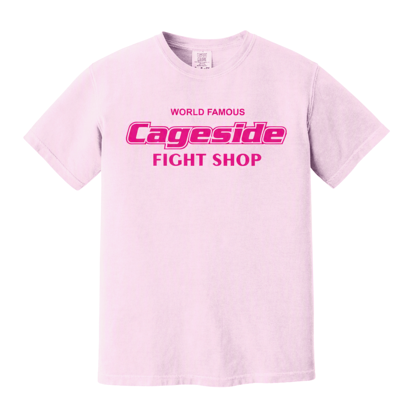 Cageside Fight Shop heavyweight T-shirt in Blossom pink with hot-pink logo across the chest