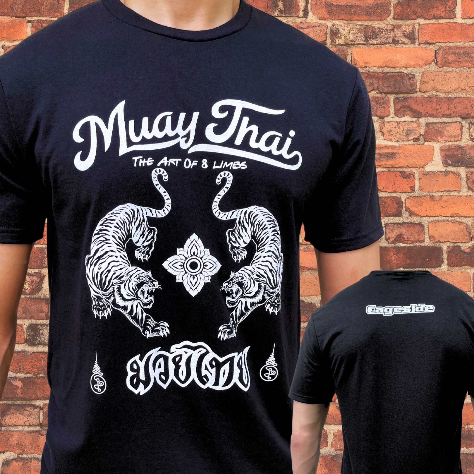 Muay Thai T-shirt featuring two fierce tigers in traditional Thai art style with the text 'Muay Thai - The Art of 8 Limbs' on the front. The black shirt also showcases the Cageside logo on the back.