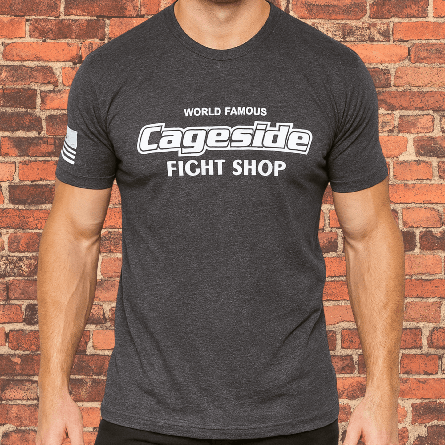 Close-up of World Famous Cageside Fight Shop logo and American flag sleeve detail.