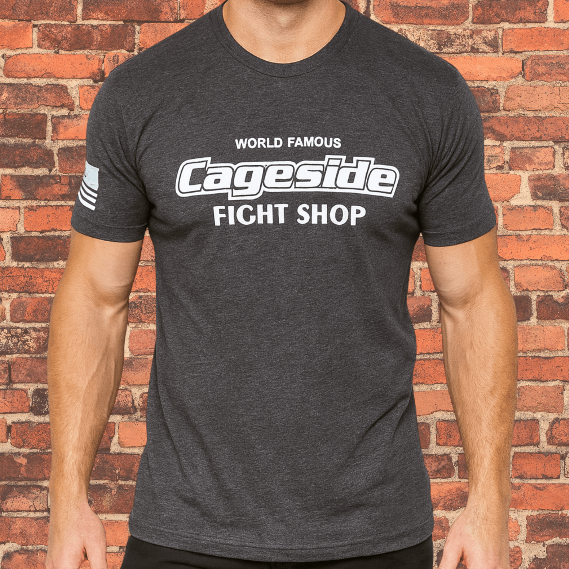 Close-up of World Famous Cageside Fight Shop logo and American flag sleeve detail.