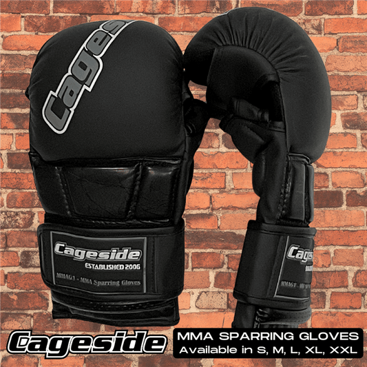 A close-up view of black Cageside MMA Sparring Gloves showing the knuckle padding and wrist strap, with text indicating availability in sizes Small through XX-Large.