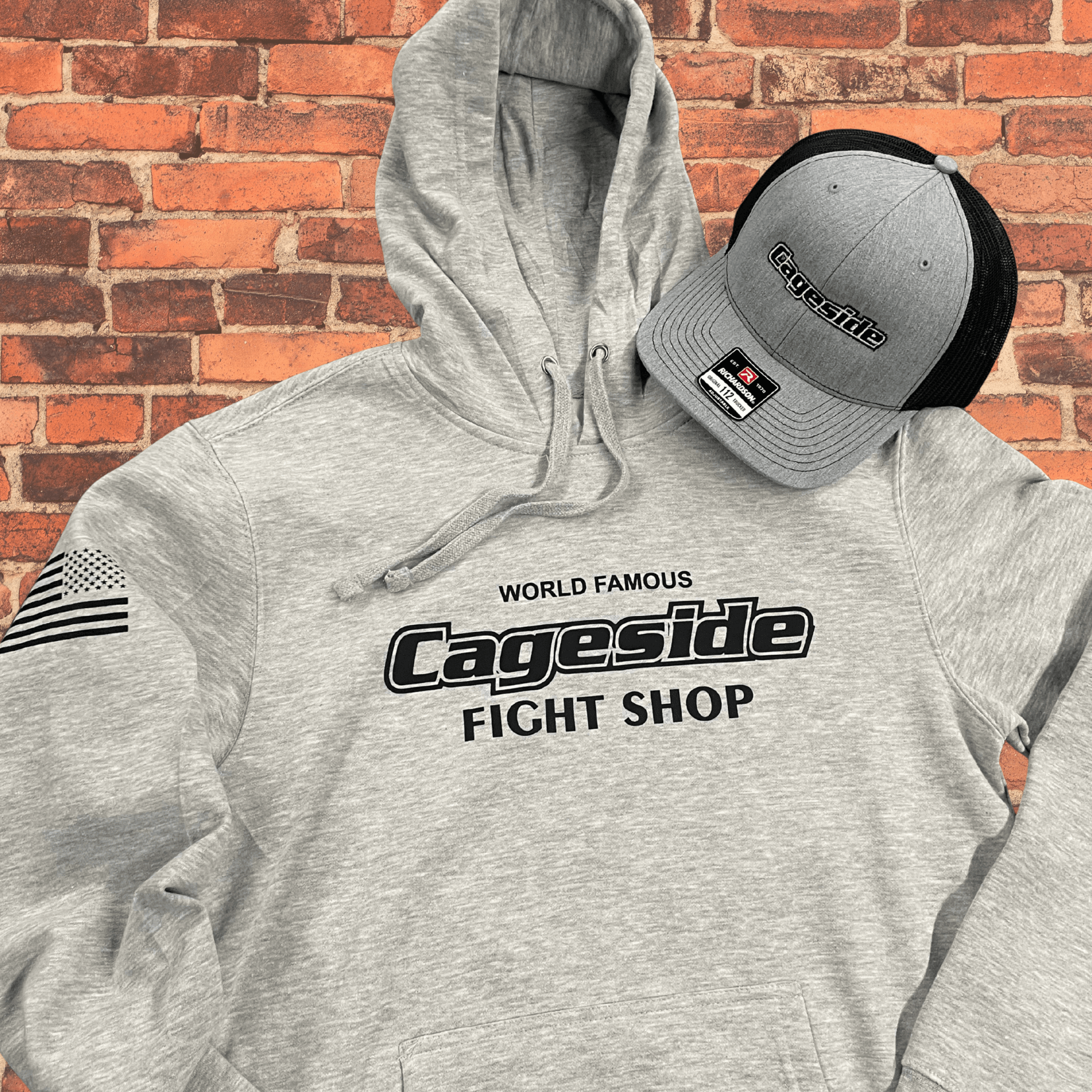 Cageside hoodie and Richardson 112 trucker hat bundle with gray fleece hoodie and gray black snapback