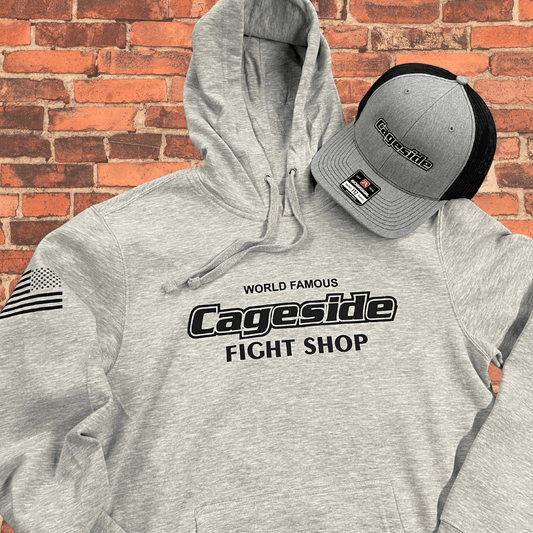 Cageside hoodie and Richardson 112 trucker hat bundle with gray fleece hoodie and gray black snapback