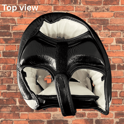 Top view of Cageside leather headgear showing padded crown and adjustable top strap