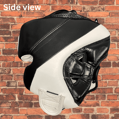 Side profile of genuine leather Cageside sparring headgear with ear protection and chin strap