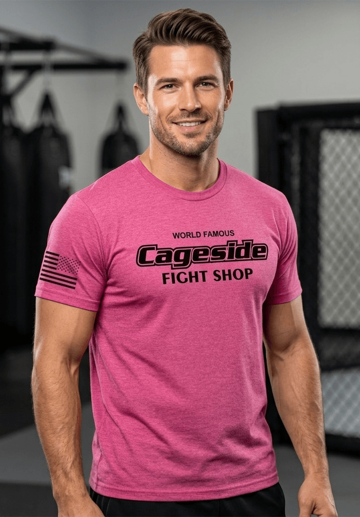 Pink Cageside Fight Shop tri-blend t shirt with logo worn in MMA gym, soft athletic fit for training or casual wear