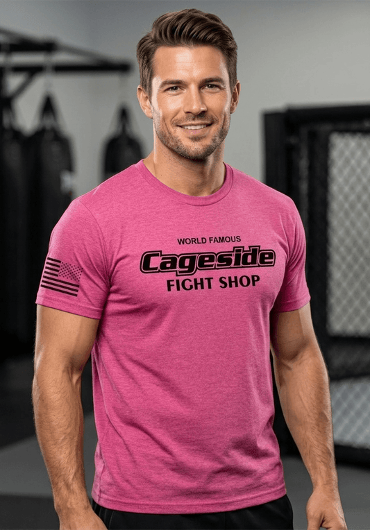 Pink Cageside Fight Shop tri-blend t shirt with logo worn in MMA gym, soft athletic fit for training or casual wear