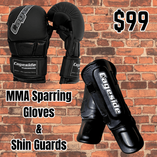 Cageside MMA Sparring Bundle featuring black open-palm leather sparring gloves and matching black non-slip shin guards with white Cageside branding.