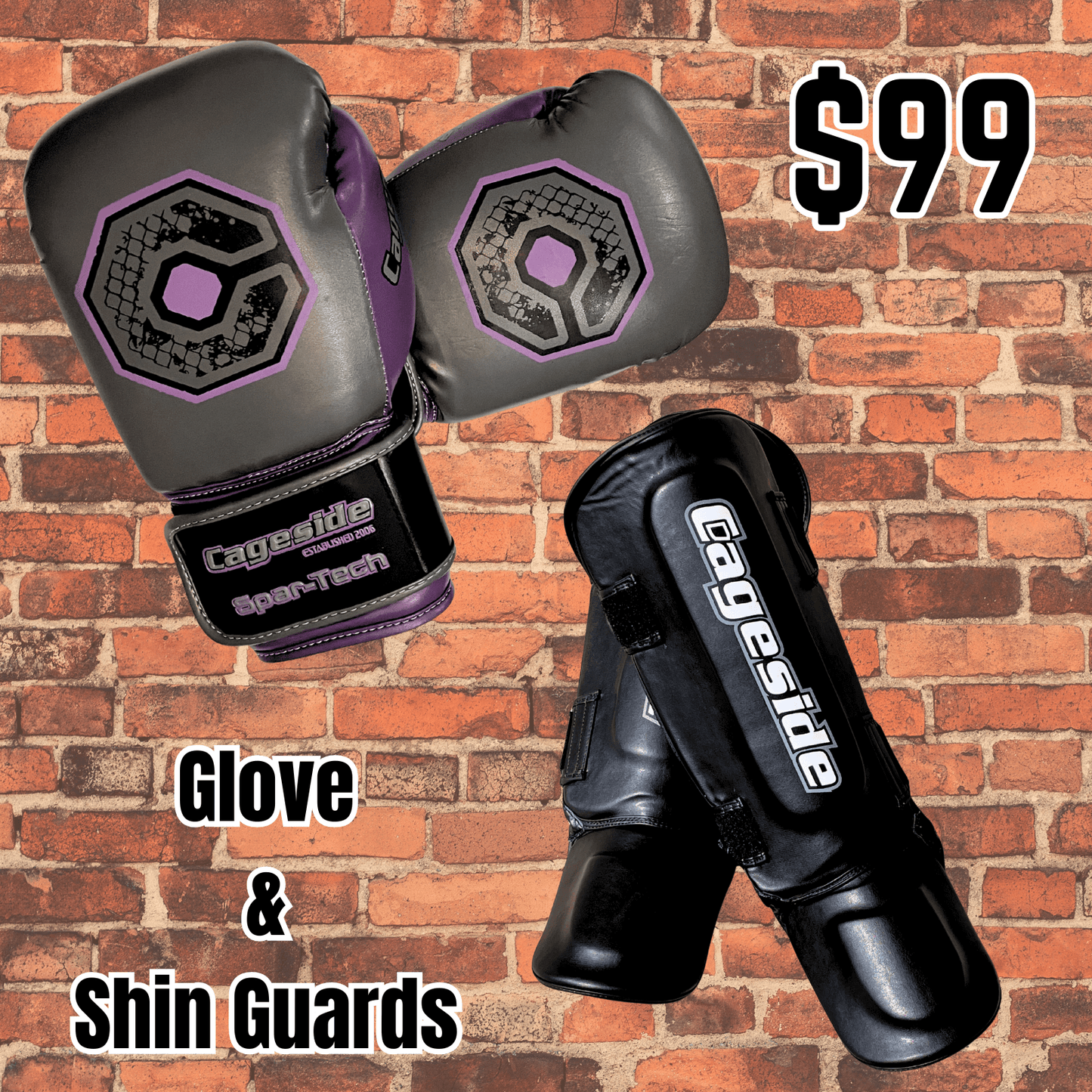 Grey and purple Spar-Tech boxing gloves and black non-slip shin guards with white Cageside branding on a brick background