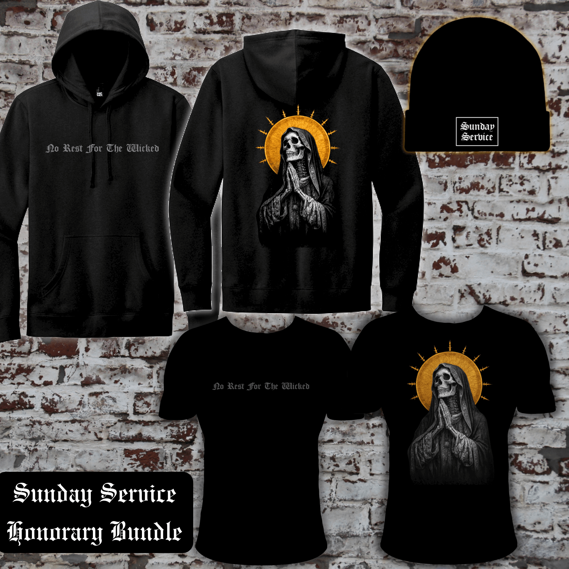 Sunday Service Honorary Bundle featuring a black hoodie and t-shirt with "No Rest For The Wicked" text and a reaper graphic, a black beanie, and "Sunday Service Honorary Bundle" text on a white brick background.