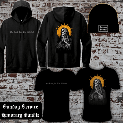 Sunday Service Honorary Bundle featuring a black hoodie and t-shirt with "No Rest For The Wicked" text and a reaper graphic, a black beanie, and "Sunday Service Honorary Bundle" text on a white brick background.