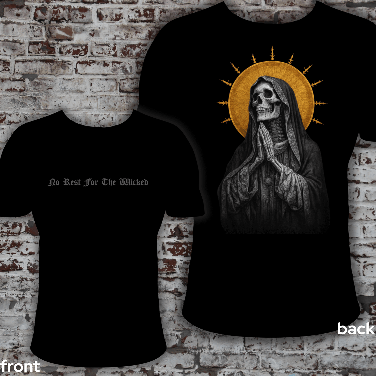 Front and back view of a black Sunday Service rash guard on a white brick background. The front features "No Rest For The Wicked" text across the chest, and the back displays a hooded skeleton graphic with a gold halo.