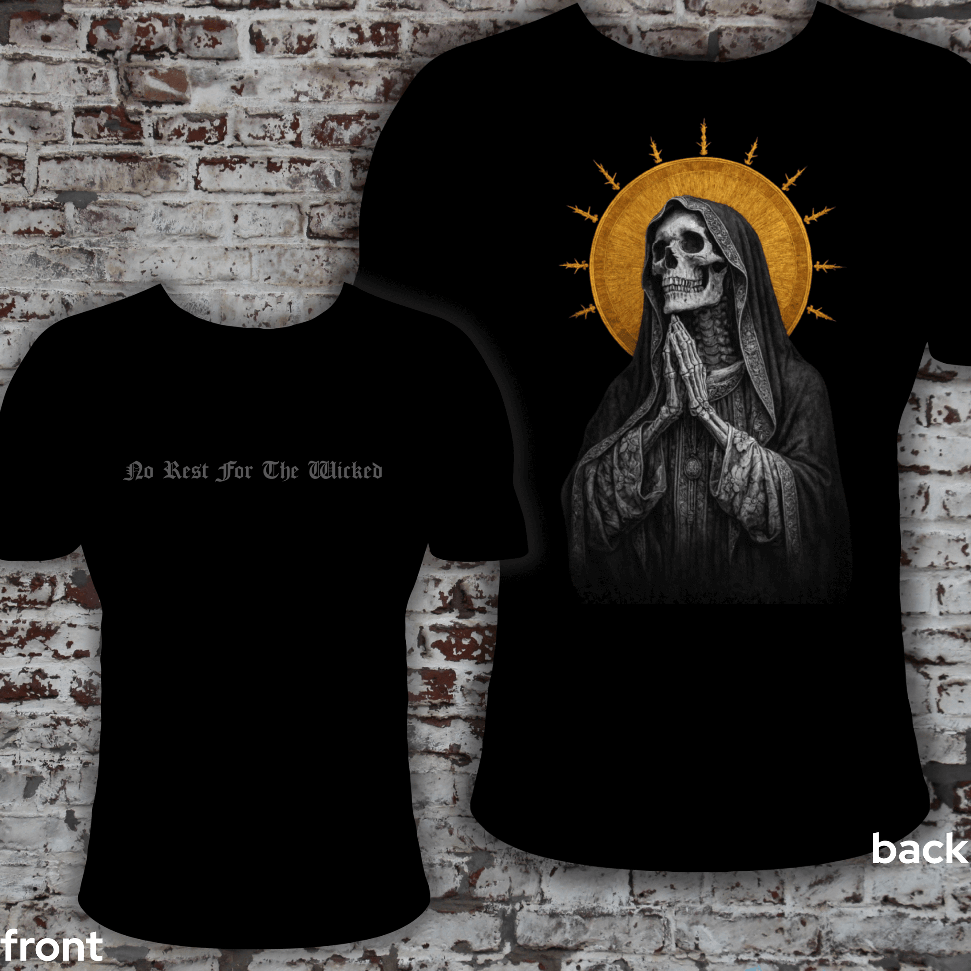 Front and back view of a black Sunday Service rash guard on a white brick background. The front features "No Rest For The Wicked" text across the chest, and the back displays a hooded skeleton graphic with a gold halo.