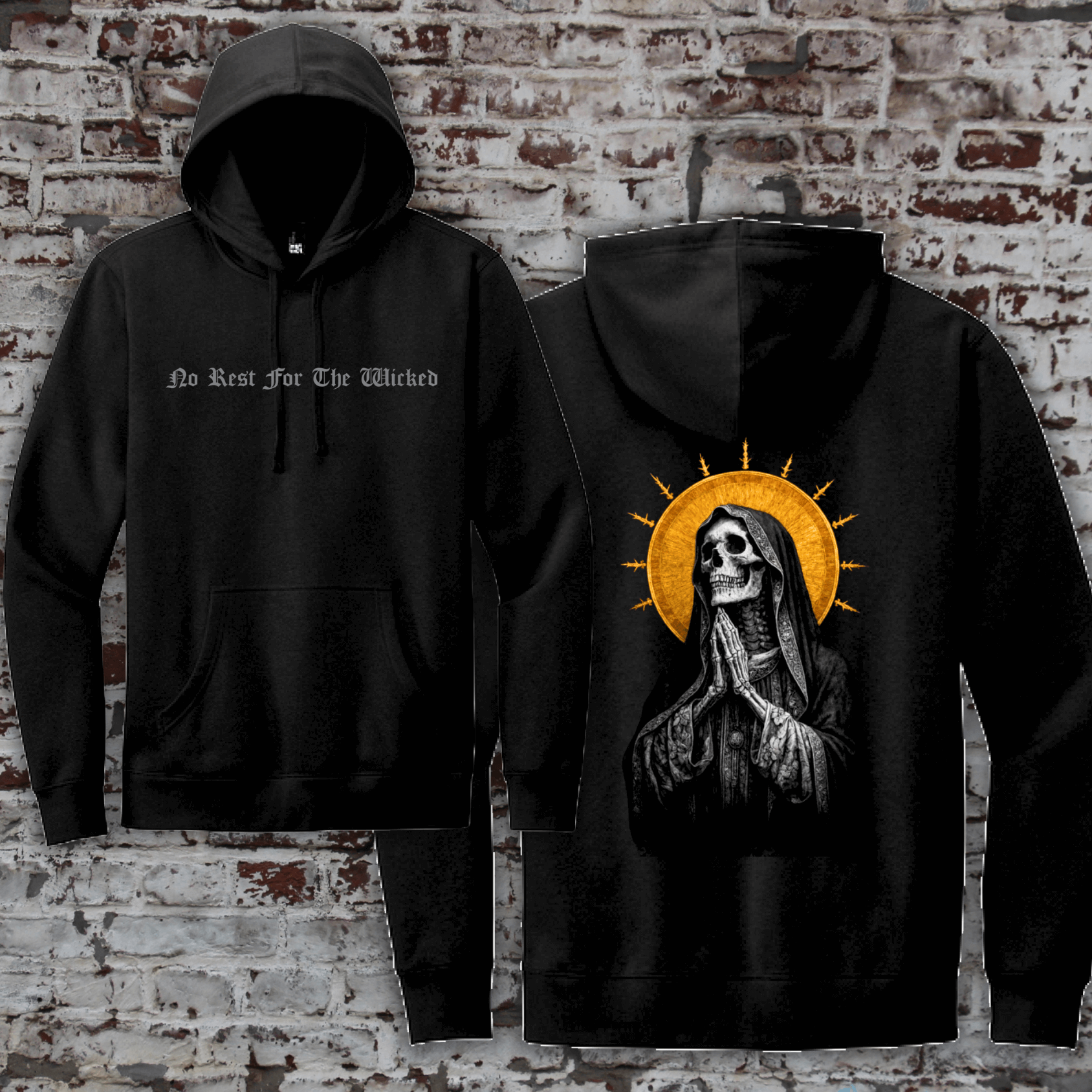 Front and back view of a black Sunday Service hoodie displayed on a white brick background. The front features "No Rest For The Wicked" text in a gothic font, and the back displays a large graphic of a praying skeleton with a gold halo.
