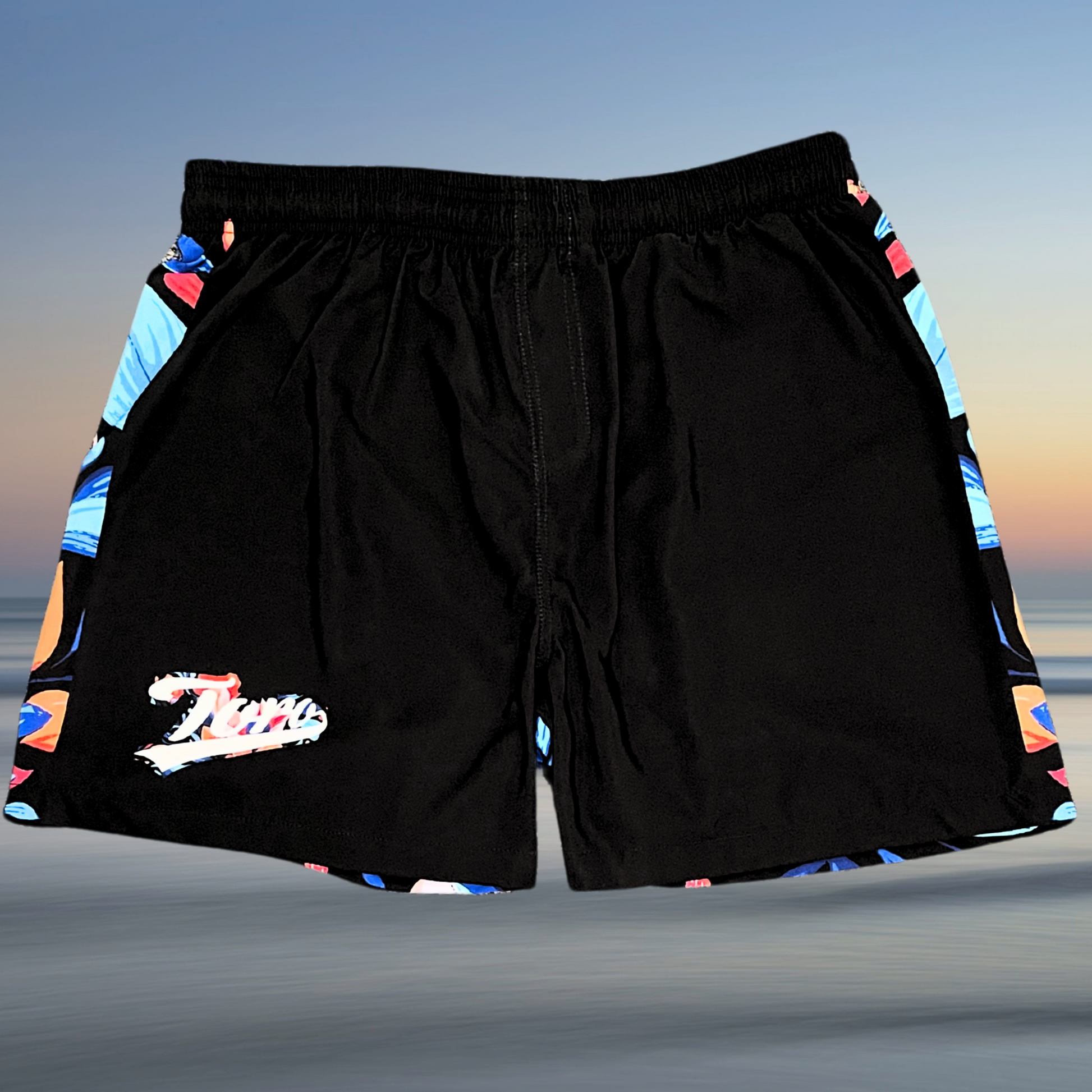 Front view of Toro BJJ Tiki Tahiti Super Shorts in black with floral accents, designed for NoGi training and MMA athletes