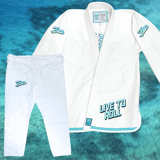 Full set of Toro Good Vibes BJJ Gi with 380gsm jacket and 9oz ripstop pants, featuring Live to Roll embroidery