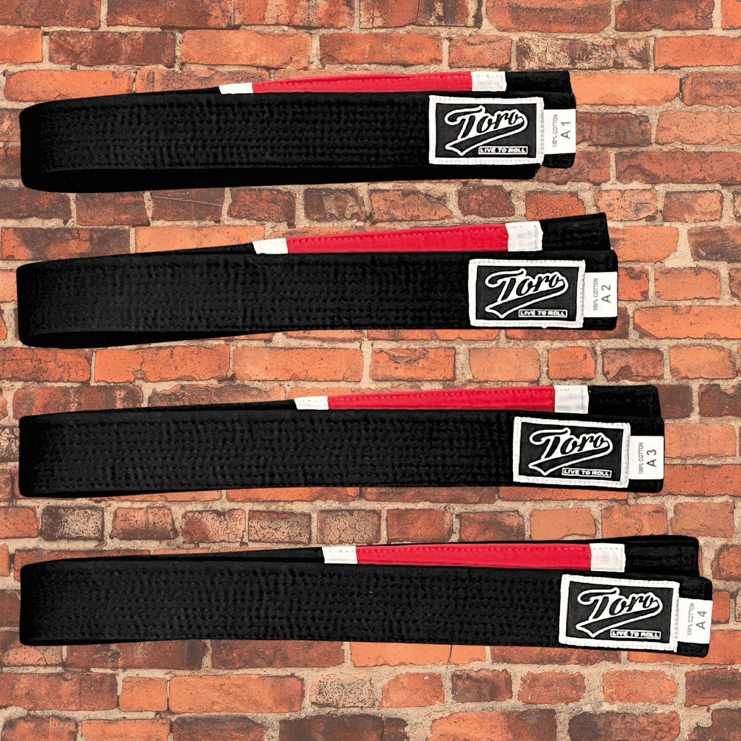 Toro Black BJJ Belts with professor stripes displayed on a brick wall background.
