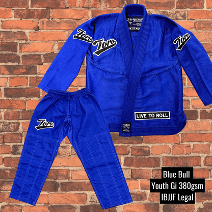 Toro Blue Bull youth jiu jitsu gi in blue 380gsm IBJJF legal with jacket and pants set