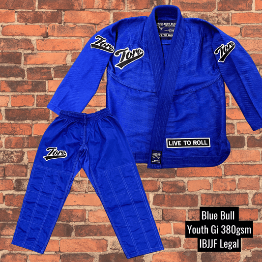 Toro Blue Bull youth jiu jitsu gi in blue 380gsm IBJJF legal with jacket and pants set