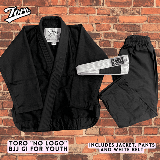 Toro Plain "No Logo" Black Gi for Youth BJJ includes jacket, pants, and white belt